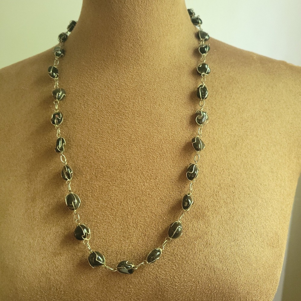 Vintage Wire Wrapped Black Stone Necklace 22 Inch Whimsigoth